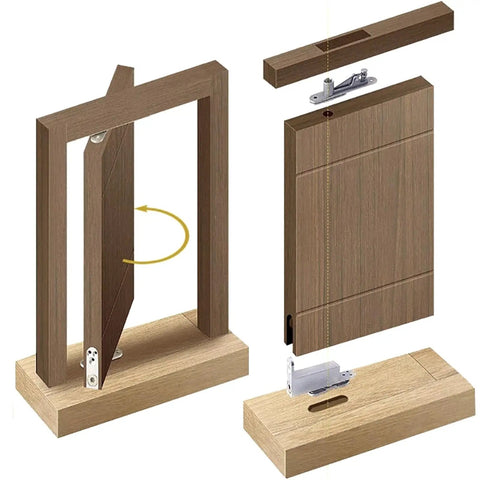 Illustration of self closing door pivot hinges for wood doors, heavy duty 360 degree stainless steel hidden hinge system.