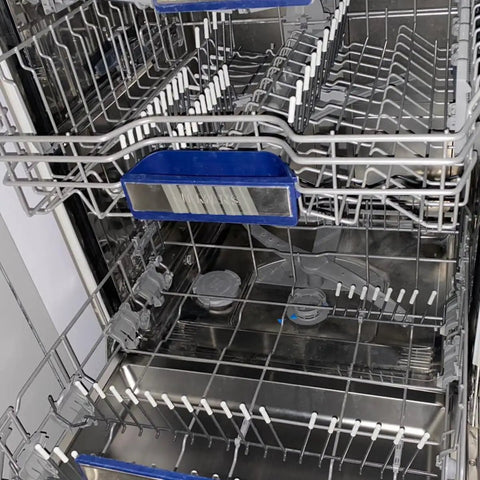 Open dishwasher with racks fitted with 100 Pcs Universal Silicone Dishwasher Rack Tine End Caps Round Tip Caps For Wire Prongs Tine Repair