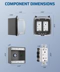 Component dimensions of Straight Up Dual 20 Amp Outdoor Outlet Box With Weatherproof Gfci Receptacles for electrical work.