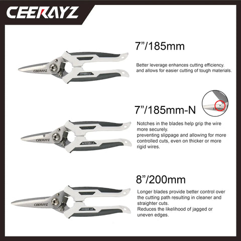 7-inch and 8-inch CEERAYZ scissors showing blade features and measurements, including notches and cutting efficiency descriptions.