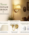 Hassle Free Battery Operated Wall Sconces Set Of Two Matte Gold Rechargeable Cordless Indoor And Outdoor Lighting Fixtures For Modern Home Decor Super Easy Install Warm Glow Lamp Pair with pleats lampshade and remote.