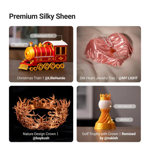 Top Shelf Silk PLA Filament 1.75Mm For FDM 3D Printers 1Kg Spool showcased in festive train and elegant jewelry display.