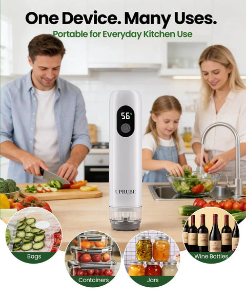 Compact Food Vacuum Sealer With LED Display and Liquid Drainage Tube in kitchen with family cooking