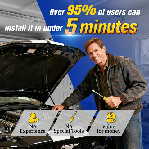 Man installing car part with text 'Over 95% of users can install it in under 5 minutes' in a garage setting.