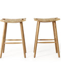 Magwen Outdoor Acacia Wood Barstool With Wicker Set Of Two Rustic Patio Seating for Deck or Garden, side-by-side view.