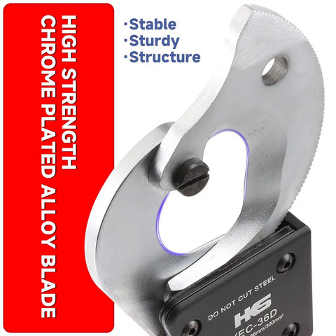 Rock Solid Ratchet Cable Wire Cutter with chrome plated alloy blade and stable design for snipping thick wires.