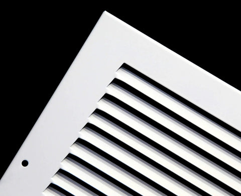 Close-up of Baseboard Return Air Grille For 30x6 Duct Opening, white finish with seven eighths inch margin turnback for flush mount