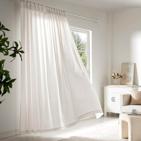 Pinch Pleated Linen Sheer Curtains 102 Inch Long, Two Panel Set With Ring Hooks And Clips For Track System installed in living room