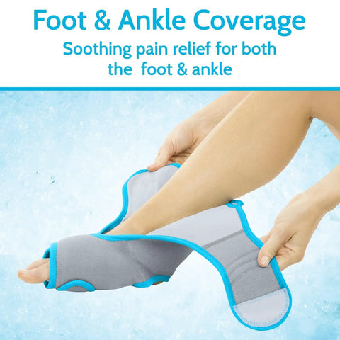 Person wearing Ankle Ice Pack Wrap For Foot And Ankle Pain Relief with Hot And Cold Therapy, adjustable compression brace in use.