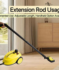 Heavy Duty Two Liter Canister Steam Cleaner Loaded With Eighteen Versatile Tools And Rapid High Temperature Steam Mop in use with extension rod.