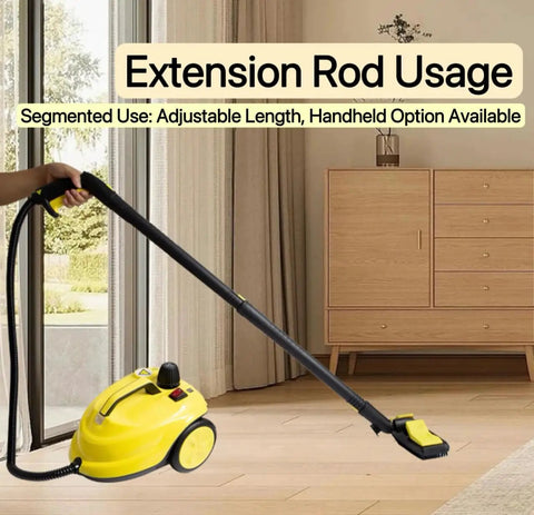 Heavy Duty Two Liter Canister Steam Cleaner Loaded With Eighteen Versatile Tools And Rapid High Temperature Steam Mop in use with extension rod.
