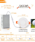 Dimensions of Six Pack 3-Inch Smart WiFi Recessed LED Lights RGBCW Color Changing, detailing cut hole size and cable length.