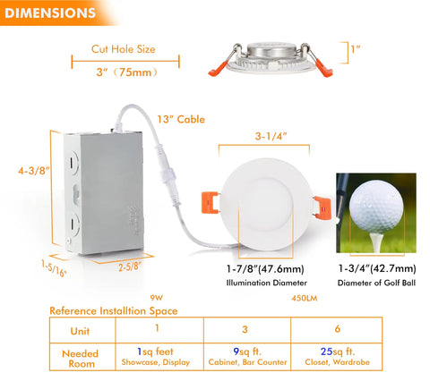 Dimensions of Six Pack 3-Inch Smart WiFi Recessed LED Lights RGBCW Color Changing, detailing cut hole size and cable length.