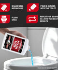 Liquid Main Line Cleaner With Bacteria Enzymes poured into toilet, 32 Fl Oz bottle visible with usage instructions.