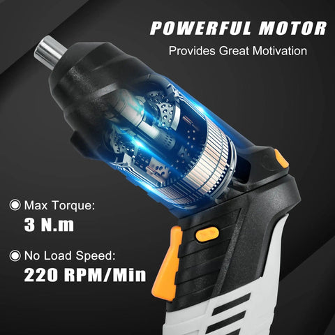 Close-up of motorized component showing torque details of 130 Piece Home Tool Kit With 3.6 Volt Cordless Screwdriver For New Home And Apartment DIY Projects College Dorm Essentials Includes Spirit Level Hammer Pliers Sockets And More For Quick Home Fixes.