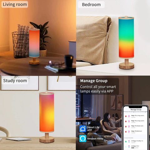Four scenes showing Lit Smart Table Lamps Set Of 2 With RGB Color Changing, Remote and App Control in living room, bedroom, study room.