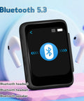 Totally Kid Friendly Bluetooth MP3 Player For Kids With 32GB Storage next to wireless earbuds, Bluetooth 5.3 displayed on screen.