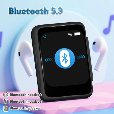 Totally Kid Friendly Bluetooth MP3 Player For Kids With 32GB Storage next to wireless earbuds, Bluetooth 5.3 displayed on screen.