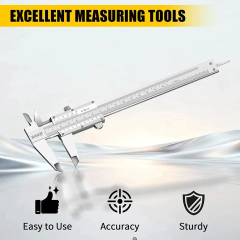 Vernier Caliper Measuring Tool 0-6 Inches 0-150mm Stainless Steel, Handy Pro Grade Precision 0.001 Inch and 0.02 Millimeter Dual Imperial Metric Scale, Outside Inside Depth Step Measurements for DIY Woodworking and Metalworking, angled view