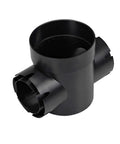 Round Spee-D Catch Basin Drain With Dual Outlets For 3-Inch Or 4-Inch Pipes Plastic Black 6-Inch shown in a side perspective