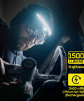 Man using Rechargeable LED Headlamp With 1500 Lumens, 210 Degree Wide Beam And 15 Degree Tilt Focus, in workshop