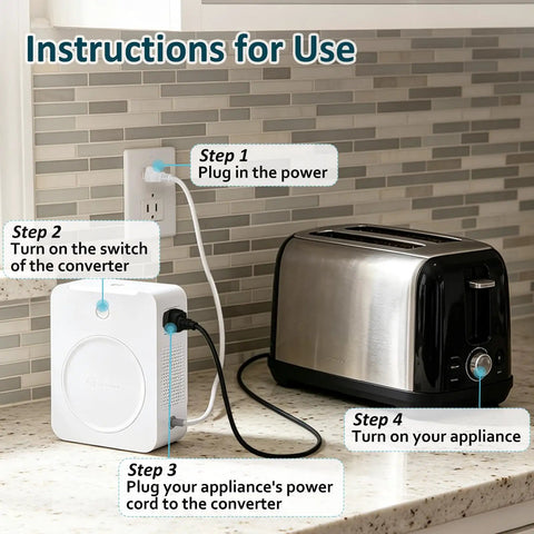 Instructions for using 2000W Step Up Voltage Converter Transformer 110V To 220V with toaster on kitchen counter.