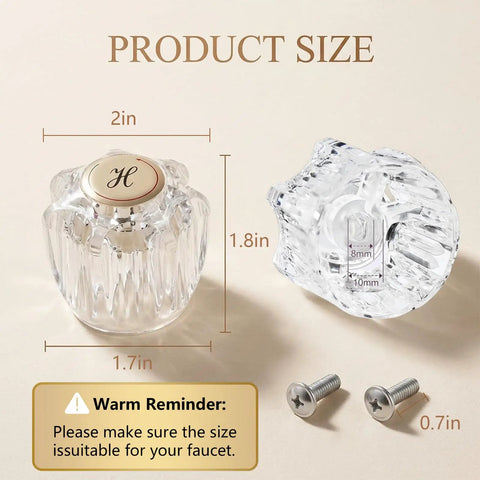 Upgrade Your Bathroom With Stylish Clear Acrylic Faucet Handles. 4PCS Replacement Kit For Delta Delex Peerless D-Shaped Shutoff Valves. 2in clear acrylic handle, 8mm-10mm fit, screws shown.