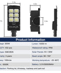 Dimensions and specifications of 2 Pack 300W Solar Street Lights Outdoor IP66 Motion Sensor With 10000 Lumens Dusk To Dawn Photocell Remote Control Multi Mode LED Flood Light For Parking Lot Stadium Yard Garage Garden.