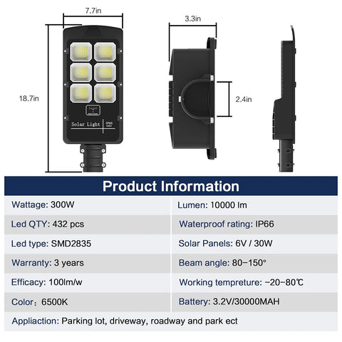 Dimensions and specifications of 2 Pack 300W Solar Street Lights Outdoor IP66 Motion Sensor With 10000 Lumens Dusk To Dawn Photocell Remote Control Multi Mode LED Flood Light For Parking Lot Stadium Yard Garage Garden.