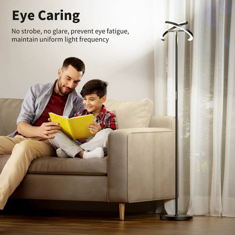Father and son reading on a couch beside the Rotatable LED Floor Lamp With Touch And Remote Control, modern uplight in living room.