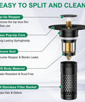 Universal Bathroom Sink Drain Strainer And Pop Up Stopper Hair Catcher, showing brass core, silicone seal, ABS body and stainless basket.