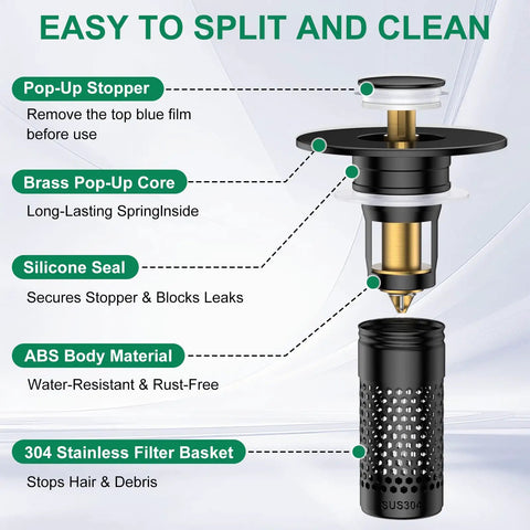 Universal Bathroom Sink Drain Strainer And Pop Up Stopper Hair Catcher, showing brass core, silicone seal, ABS body and stainless basket.