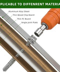 Heavy Duty Rip Through Sheet Metal Screws With Hex Washer Head Design Built Tough For No Sweat Self Drilling And Tapping Ten By Three Quarters Projects In Solid 410 Stainless Steel With 100 Count Pack shown with drilling tool on various materials.