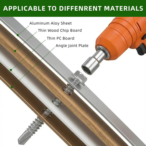 Heavy Duty Rip Through Sheet Metal Screws With Hex Washer Head Design Built Tough For No Sweat Self Drilling And Tapping Ten By Three Quarters Projects In Solid 410 Stainless Steel With 100 Count Pack shown with drilling tool on various materials.