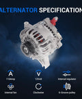 Front view of Heavy Duty 110Amp 12V 6 Groove CW Alternator for Ford F150 2004-2008, internal fan, regulator, and 6-groove pulley visible.