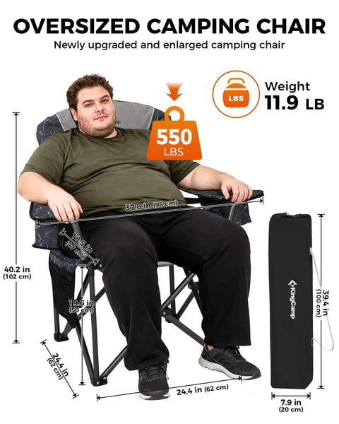 Man sitting on Oversized Camping Chair With Adjustable Lumbar Support 550 Lb Heavy Duty Padded Folding Chair next to its carry bag.