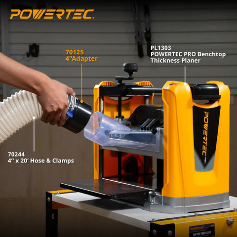 Installation of Two Pack Dust Port Adapter For 4 Inch Pipe To 4 Inch Dust Collection Hose Quick Connect Coupler Fitting For Workshop Dust Collection Systems No Fuss Snap In And Swap Between Machines on a POWERTEC benchtop planer.