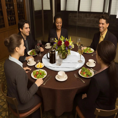 People dining around an Oversized 24 Inch Marble White Wood Lazy Susan For Tabletop Large Turntable Rotating Serving Tray centerpiece