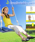 Girl enjoying Backyard Swing Set With Built Tough Heavy Duty Metal Stand 440 Lb Capacity Includes 32 Inch Saucer Swing And 26 Inch Belt Seat