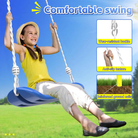 Girl swinging on 26.2 inch belt seat from Backyard Swing Set With Stand, Heavy Duty 440lbs, Dual Swing Frame Includes 32 Inch Saucer Swing And 26.2 Inch Belt Seat For Outdoor Play, Kids And Adults Friendly, Durable Metal Stand, Easy Assembly.