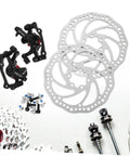 No Fuss Mountain Bike Disc Brake Conversion Kit Featuring Front And Rear 160 Mm Aluminum Rotors Mechanical Calipers with hardware.