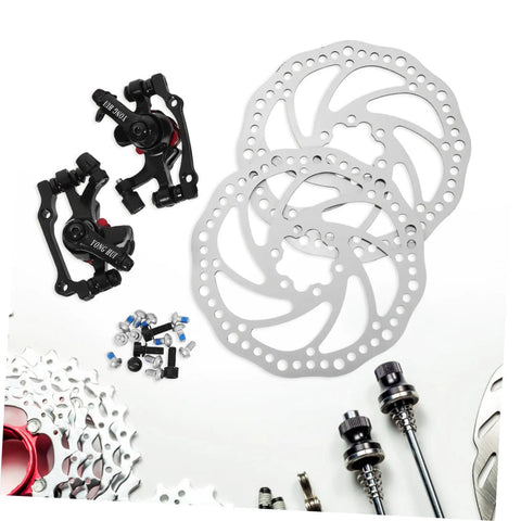 No Fuss Mountain Bike Disc Brake Conversion Kit Featuring Front And Rear 160 Mm Aluminum Rotors Mechanical Calipers with hardware.