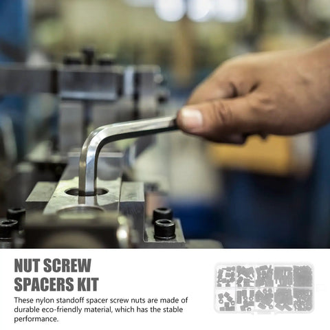 Hand using Allen key on machine; 180 Pcs Nylon Screw Nut Kit With Hex Nylon Spacers And Standoffs, Industrial Fastener Assortment