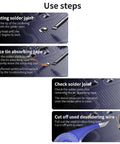 Use steps for Pro Grade Desoldering Wick Set SR20 showing heating, placing tin absorbing tape, and cutting desoldering wire.