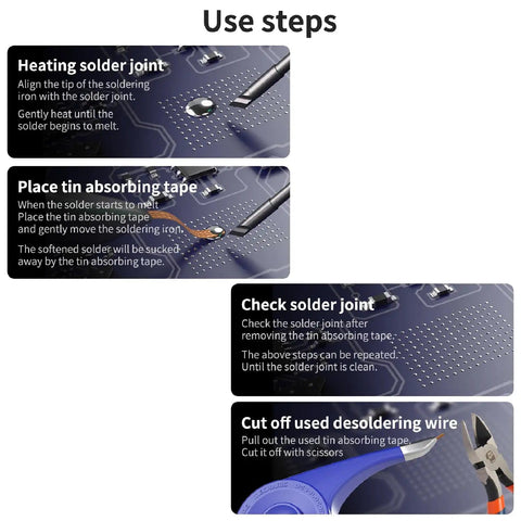 Use steps for Pro Grade Desoldering Wick Set SR20 showing heating, placing tin absorbing tape, and cutting desoldering wire.