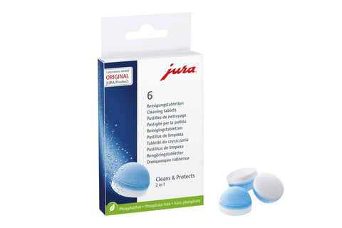 Box of cleaning tablets for Jura espresso machines with three tablets in front, Claris Blue Water Filter Cartridges 3 Pack And Cleaning Tablets 6 Pack Combo For Jura Espresso Machines Keep Your Brew Fresh And On Point Oil Free And Flavorful With Easy Replacement And Cleaning Routine