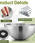 Close-up of Party Ready Stainless Steel Double Wall Dip Chiller Bowl 70 Oz with rubber plug, stainless steel texture, non-slip bottom.