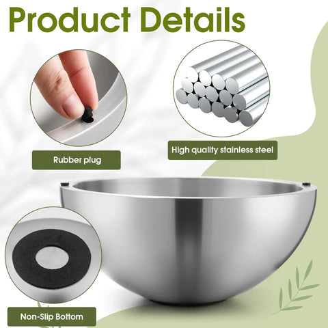 Close-up of Party Ready Stainless Steel Double Wall Dip Chiller Bowl 70 Oz with rubber plug, stainless steel texture, non-slip bottom.