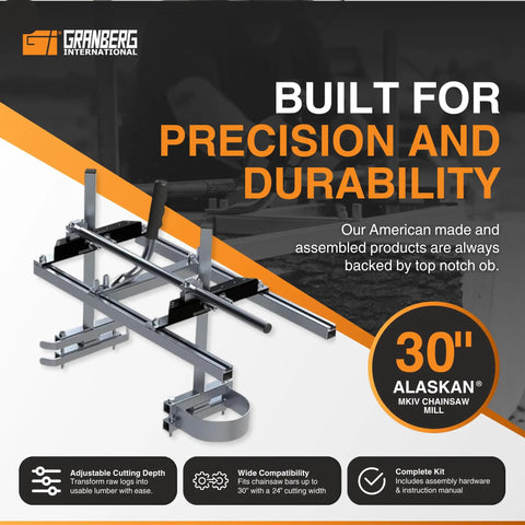 Alaskan MKIV Chainsaw Mill 30 Inch Portable Sawmill with adjustable cutting depth on display.