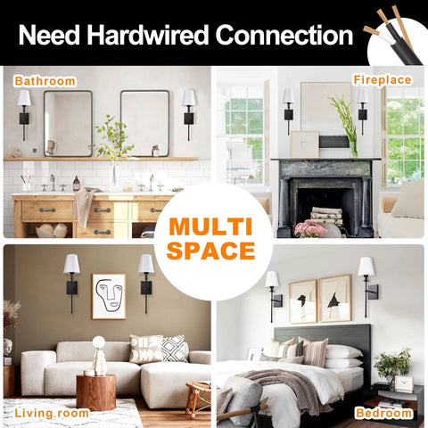 Set Of 2 Black Hardwired Wall Sconces With Vertical Rod And White Fabric Flared Shades in various room settings